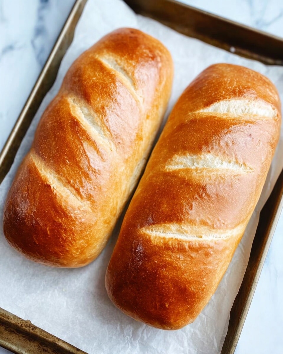 Two golden-brown loaves of bread sit side by side on a baking tray lined with white paper. Each loaf has a smooth, shiny crust with three diagonal slashes across the top, revealing a lighter color inside. The texture looks soft and slightly puffy, and the tray rests on a white marbled surface. photo taken with an iphone --ar 4:5 --v 7