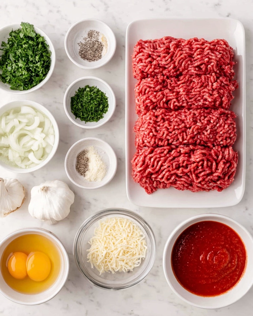 The image shows a clean white marbled surface with several small white bowls and a white rectangular plate arranged neatly. On the rectangular plate, there is a layer of raw ground beef with a red color and a textured pattern. Around the plate, there are small white bowls containing finely chopped green parsley, minced garlic, black pepper, and a light mixture of breadcrumbs and diced white onions. A small glass bowl holds grated cheese, while another white bowl contains a smooth, bright red tomato sauce. There is also a small white bowl filled with a whisked, yellow egg mixture. All the ingredients are evenly spaced, showing a well-organized layout for cooking preparation photo taken with an iphone --ar 4:5 --v 7