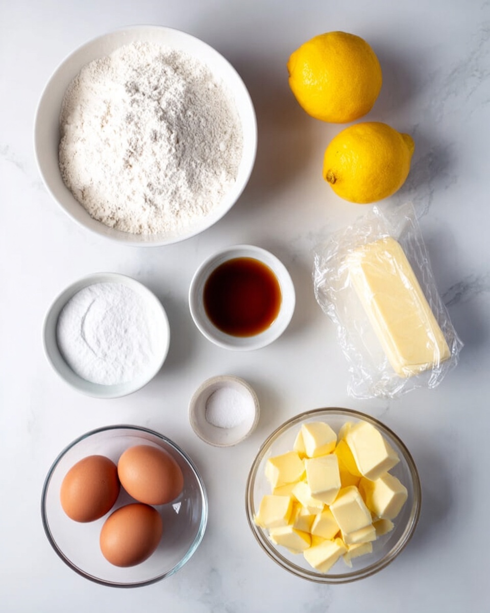 The image shows several ingredients for baking arranged neatly on a white marbled surface. At the top left, there is a white bowl filled with white flour. Next to it on the right are two whole yellow lemons. Below the lemons, a small white bowl contains a dark amber liquid, likely vanilla extract. Below the flour, a white bowl holds white granulated sugar with a small amount of baking powder on top. To its right, a wrapped block of butter is placed at an angle. At the bottom right, a clear glass bowl contains small cubes of yellow butter. At the bottom left, a clear glass bowl holds three brown eggs. The arrangement is clean and bright. photo taken with an iphone --ar 4:5 --v 7