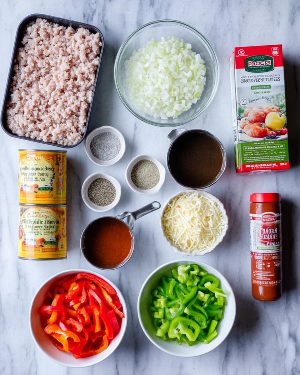 The image shows a top-down view of cooking ingredients arranged on a white marbled surface. In the top left, there is a black tray with light pink ground turkey. Next to it, a clear glass bowl holds finely chopped white onions, and a small metal cup filled with white rice is placed to its right. Below these, two small white bowls contain seasoning: one has a mix of salt and pepper, the other shredded pale yellow cheese. At the bottom center, a white bowl contains chopped green and red bell peppers side by side. To the left, two yellow and red canned tomatoes with labels are visible, adjacent to a small white cup filled with dark brown balsamic vinegar. A red tube of tomato paste with white writing lies next to this cup. On the far right, a red and orange carton of organic chicken broth stands upright. photo taken with an iphone --ar 4:5 --v 7