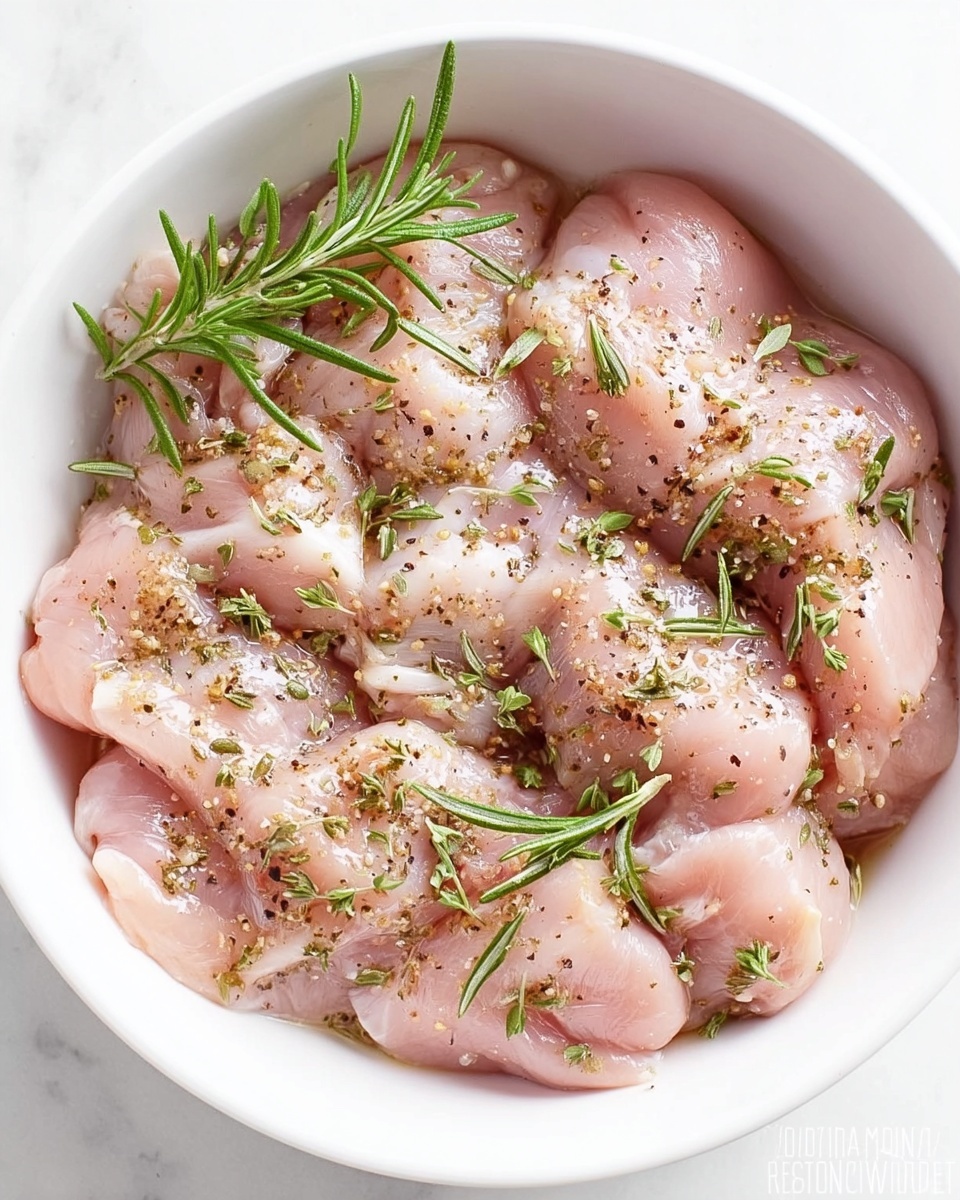 The image shows a white bowl filled with raw chicken pieces that have a light pink color and smooth texture. The chicken is sprinkled evenly with green herbs like rosemary and parsley, and also seasoned with specks of black pepper and brown dried spices. The bowl sits on a white marbled surface, adding a clean and bright background to the scene. Photo taken with an iphone --ar 4:5 --v 7