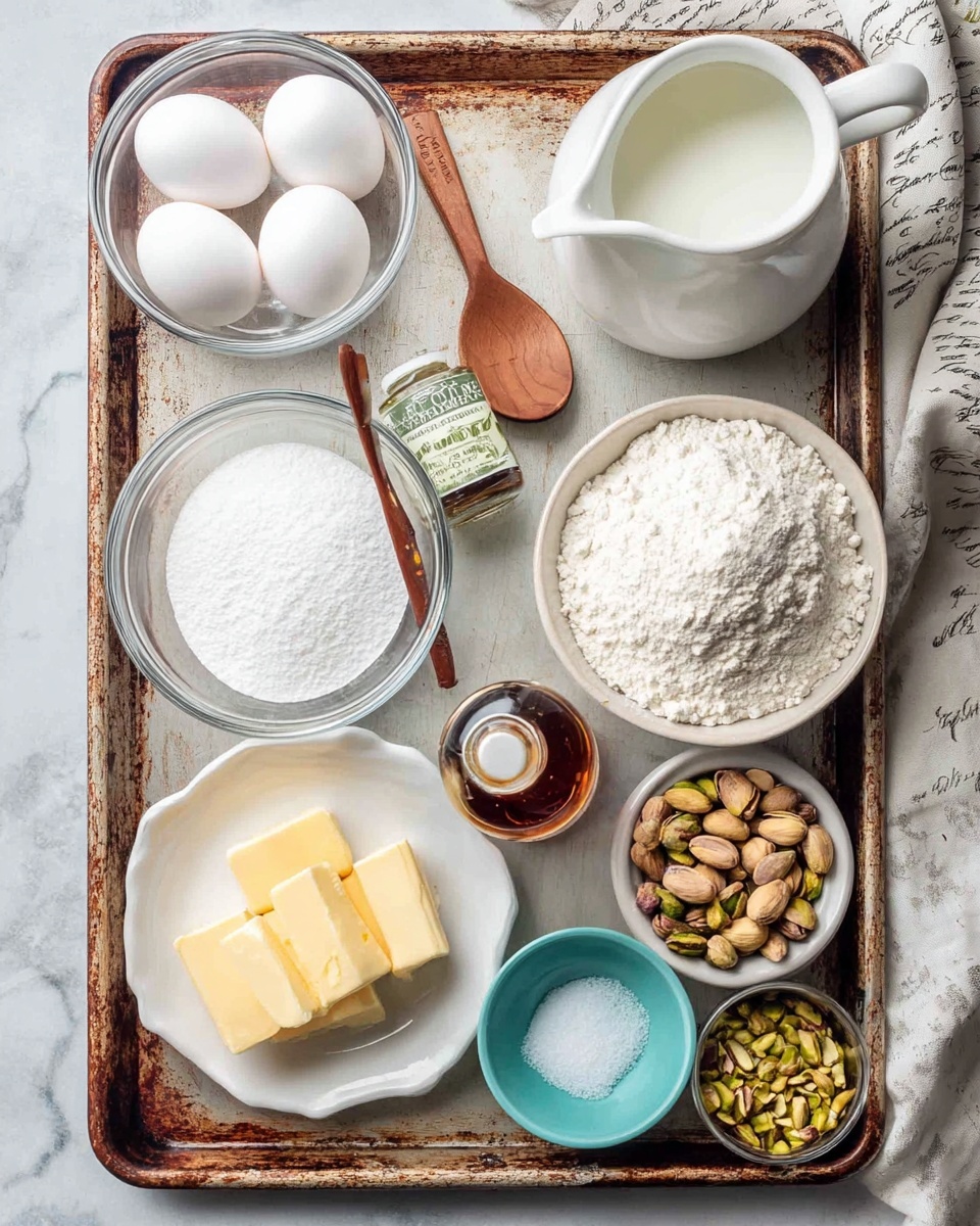 A worn, rectangular metal baking tray holds various baking ingredients arranged neatly on a white marbled surface. In the top left corner, a clear glass bowl contains four white eggs. Below it, a clear bowl of white sugar is partly filled, with a wooden spoon resting inside. Next to the sugar, a small bottle of vanilla extract lies horizontally. To the right, there is a small white bowl filled with whole pistachios, and behind it a white pitcher filled with milk. In front of the pitcher is a clear bowl with a mound of white flour. Near the bottom left of the tray sits a white dish with sliced pale yellow butter and a small turquoise bowl of salt. Lastly, a small brown bowl with finely chopped pistachios is near the front edge of the tray. The whole scene is bright and clear, photo taken with an iphone --ar 4:5 --v 7