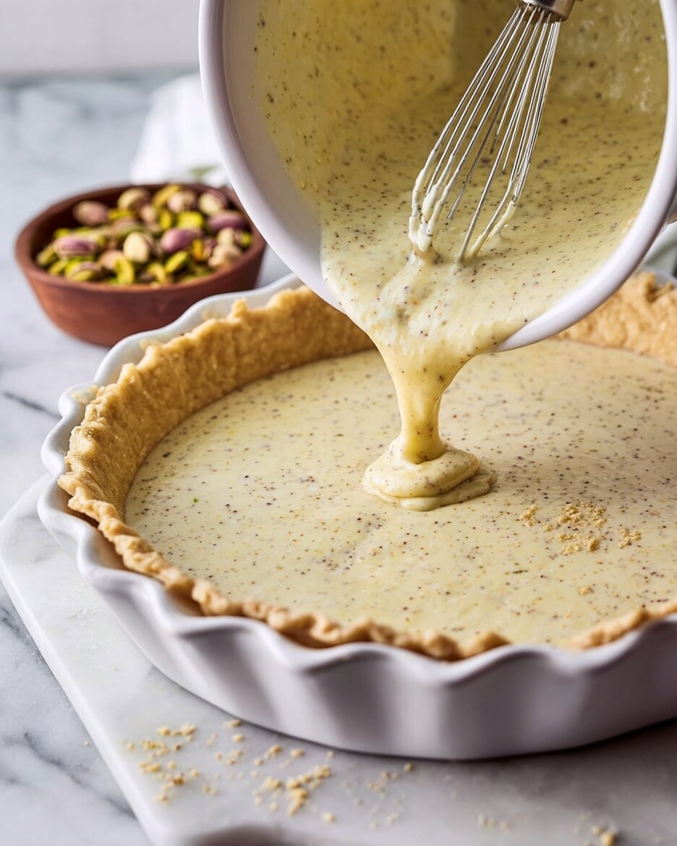 A white ceramic pie dish holds a raw pie crust with a thick edge that is lightly crimped, filled with a creamy, speckled batter being poured from a large white bowl. The batter is pale yellow with tiny dark specks all over, creating a textured look. A metal whisk rests inside the bowl, which is tilted by a woman's hand out of the frame. In the blurry background, there is a small brown bowl filled with pistachios on a white marbled surface. The photo taken with an iphone --ar 4:5 --v 7