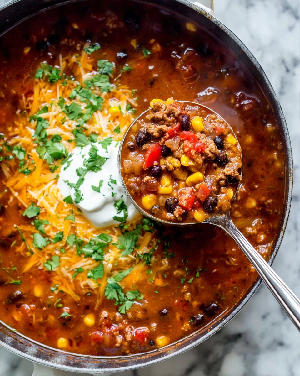 The image shows a pot filled with a thick soup that has a rich red-brown color. The soup contains visible layers of different ingredients, including ground meat, corn kernels, black beans, diced red peppers, and onions, all mixed together in the thick broth. On top, there is a dollop of white sour cream surrounded by melted shredded orange and white cheese. Fresh green cilantro leaves are scattered over the surface, adding a bright contrast. A silver ladle is scooping up a portion of the soup, showing a close-up of the chunky mix of meat, beans, corn, and cheese. The pot rests on a white marbled surface. Photo taken with an iphone --ar 4:5 --v 7