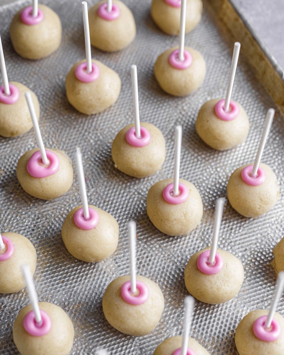The image shows many light beige round dough balls placed on a textured silver baking tray. Each dough ball has a small circular ring of pink icing on top, where a white stick is inserted straight down the center, making them look like cake pops before baking or decorating. The dough balls have a slightly cracked surface and are arranged in loose rows across the tray. The overall scene is bright with soft natural lighting. photo taken with an iphone --ar 4:5 --v 7
