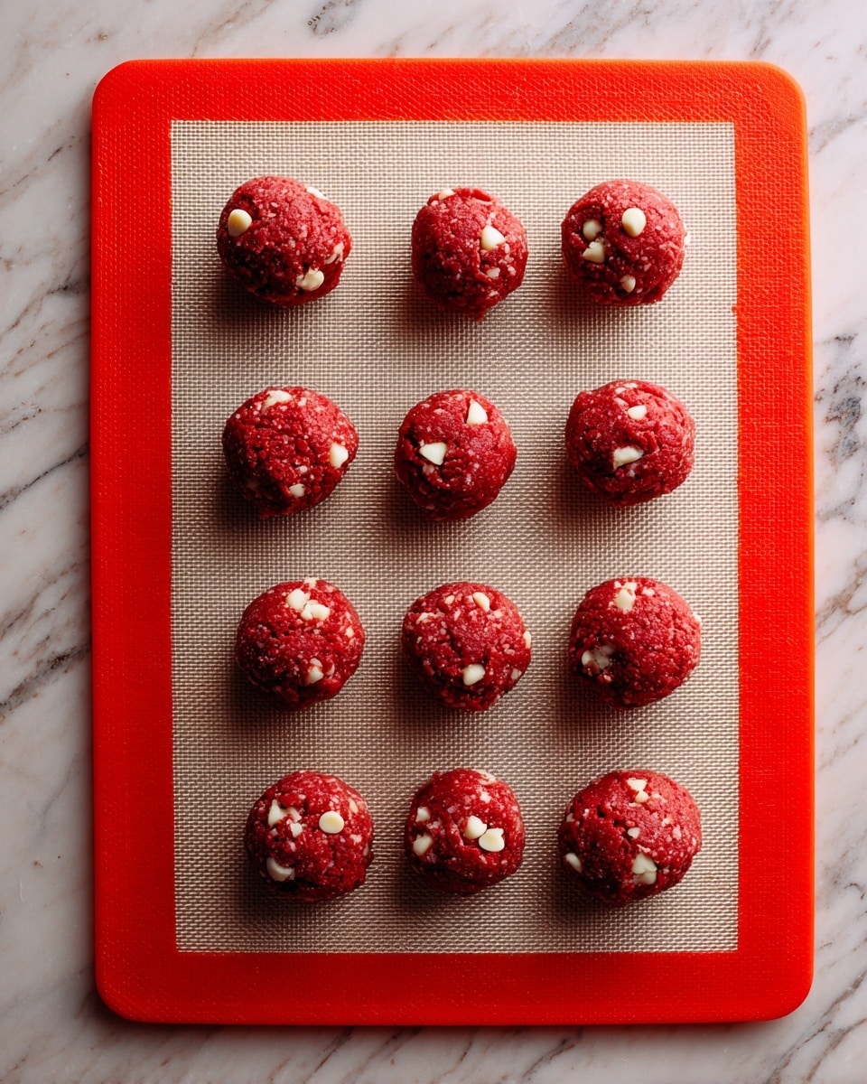 The image shows eight small red dough balls with white chips mixed in, placed evenly in two rows on a white silicone baking mat with a textured surface on top of an orange base. Each dough ball is round and slightly rough, with the white chips visible around the surface. The background under the mat is a smooth white marbled texture. photo taken with an iphone --ar 4:5 --v 7
