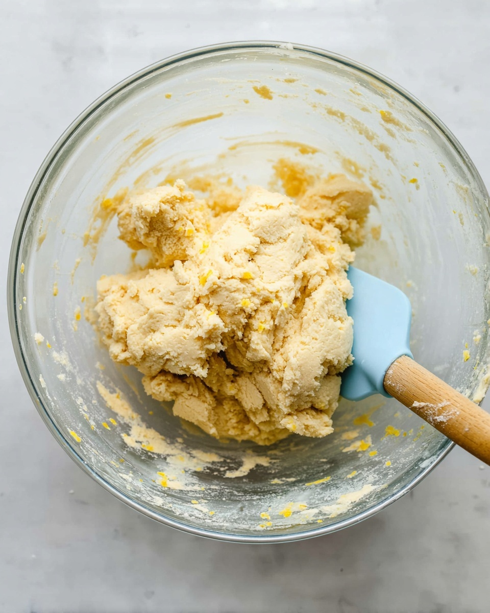 A clear glass bowl holds a large dollop of light beige dough with a slightly crumbly and soft texture, mixed with tiny yellow specks. The dough clumps together in the center of the bowl in uneven round shapes. A pale blue silicone spatula with a wooden handle is partially visible on the right side, resting against the dough and inside the bowl. The inside of the bowl shows some leftover dough residue, and the whole scene is set on a white marbled surface. Photo taken with an iphone --ar 4:5 --v 7