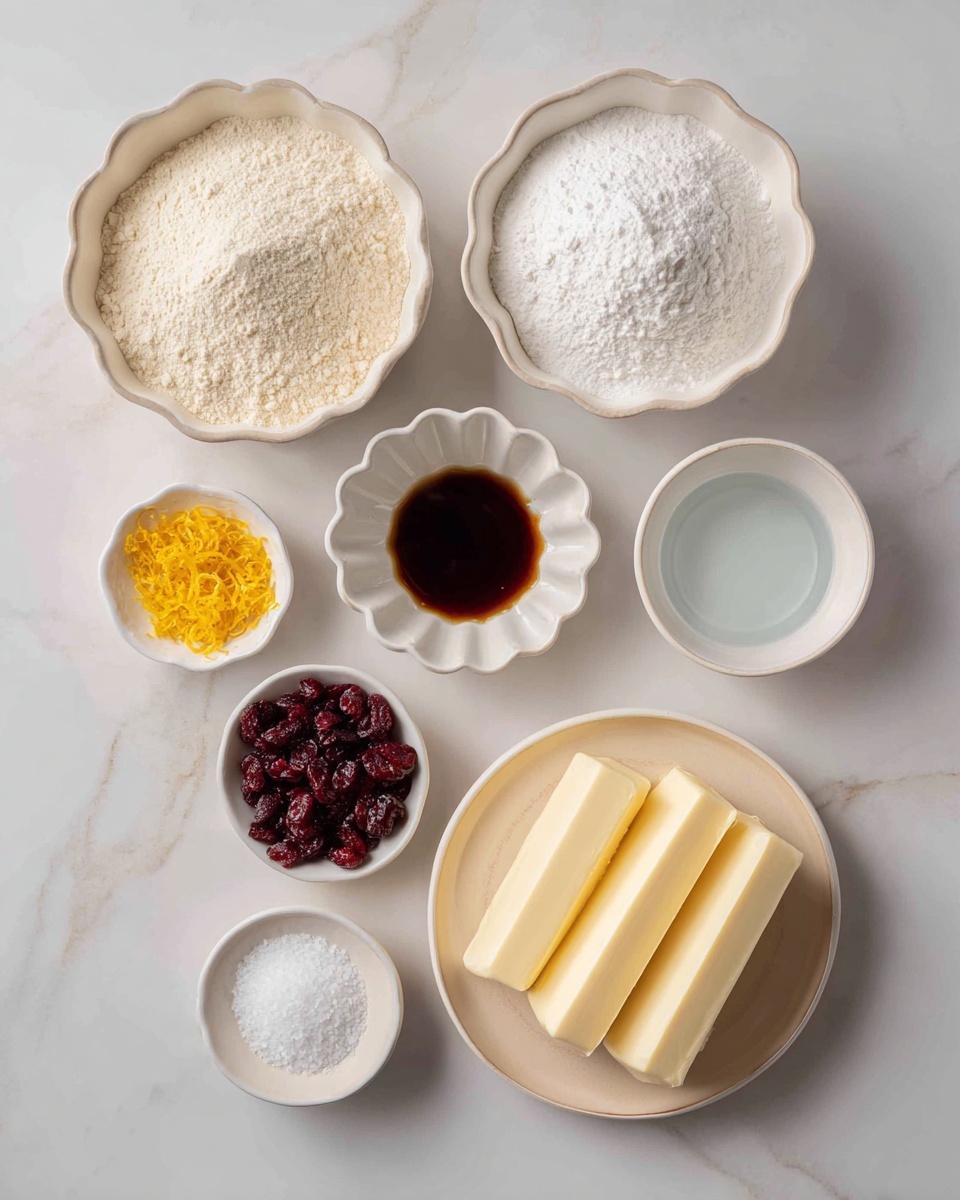 The image shows a collection of ingredients for baking, arranged neatly on a white marbled surface. There are seven small bowls and plates, all white except for one beige plate. Starting from the largest bowl on the left, it contains light beige flour with a soft, powdery texture. Next to it, at the top, is another larger bowl filled with a white powdered substance. Below that is a small white scalloped bowl holding dark brown liquid, likely vanilla extract. To the right, there is a small round white bowl with clear liquid, possibly water, and next to it, a small white dish with bright yellow-orange zest. Below these, there are two very small white bowls containing white powders, possibly baking soda or salt, and baking powder. Near the front, a beige plate holds two thick rectangular slabs of pale yellow butter. Finally, to the right, there is a small beige bowl filled with dark red dried cranberries. All items are placed carefully with clear space between them, showing an organized kitchen setup. photo taken with an iphone --ar 4:5 --v 7