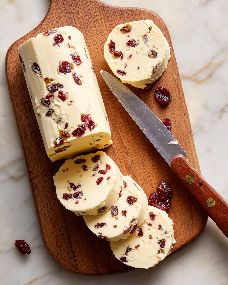 A wooden cutting board on a white marbled surface holds a log of pale yellow butter mixed with small, dark red dried fruit pieces. Several round slices are cut from the log, neatly arranged in a curved line, showing the creamy texture and the scattered fruit inside. A large kitchen knife with a wooden handle lies to the right side of the cutting board. photo taken with an iphone --ar 4:5 --v 7