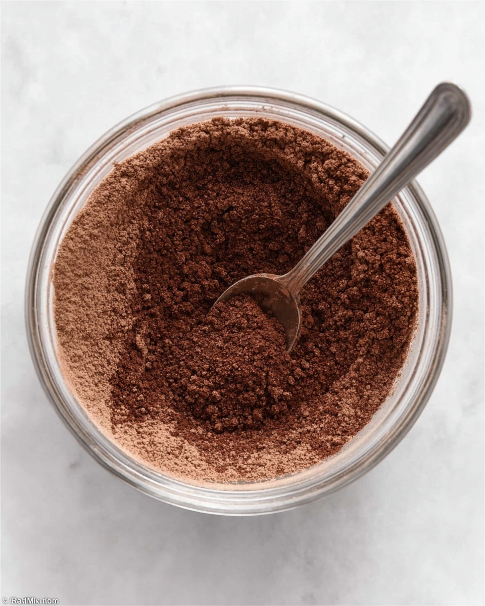 A clear glass bowl placed on a white marbled surface holds a dry mix of fine cocoa powder and flour, creating a smooth, rich brown layer with slightly uneven texture on top. A silver spoon rests inside the bowl, partially submerged in the powder mix, its reflective surface catching light. The scene shows just the bowl and its contents with no other objects around. photo taken with an iphone --ar 4:5 --v 7