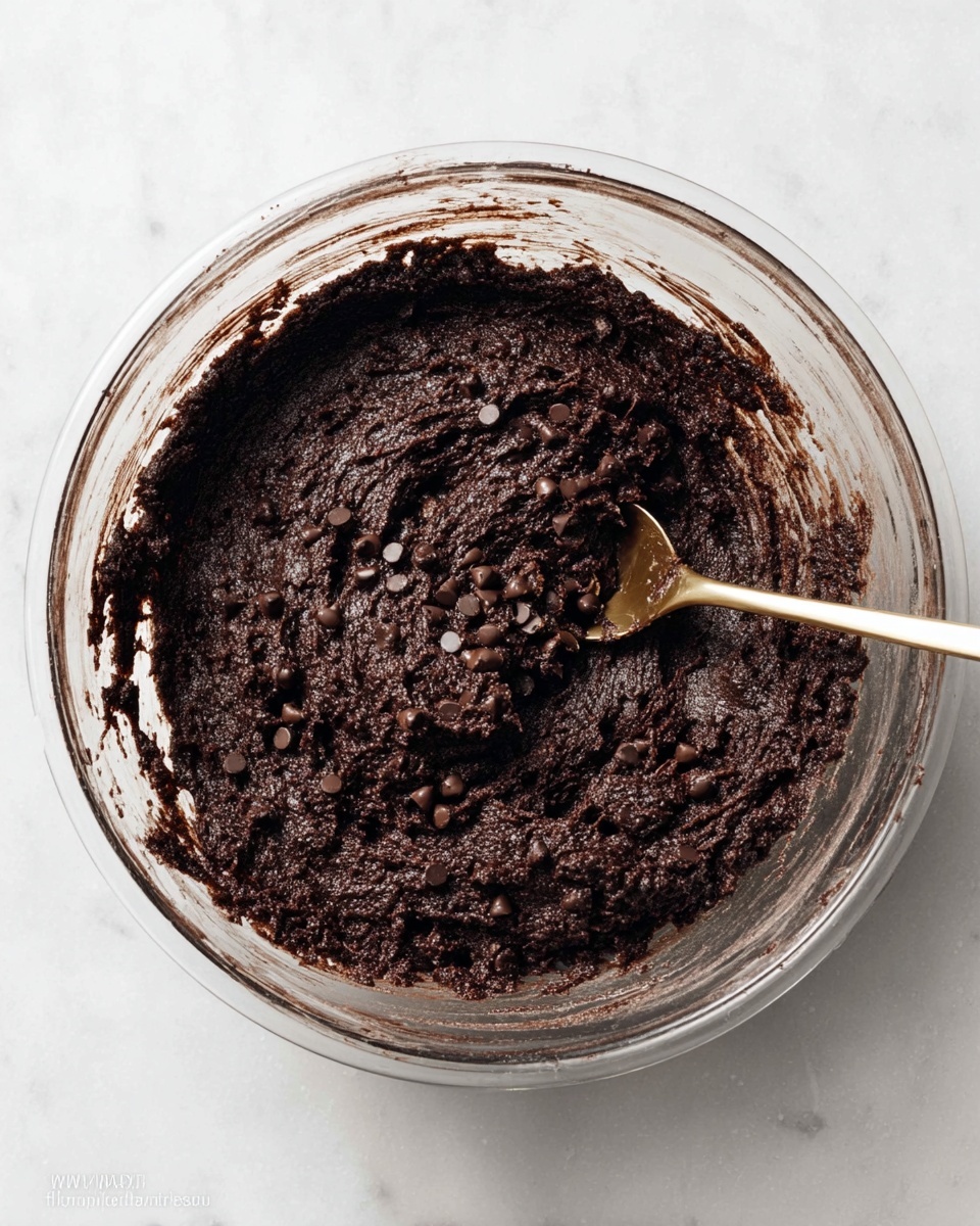 A clear glass bowl filled with thick dark brown cookie dough speckled with many small chocolate chips, the dough has a rich, dense texture with visible spoon marks on the surface, and a gold-colored spoon rests inside the bowl, slightly digging into the dough; the bowl sits on a white marbled surface. photo taken with an iphone --ar 4:5 --v 7