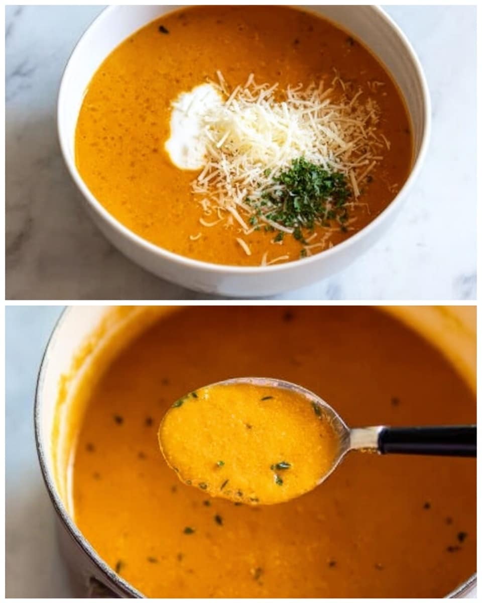 A white bowl filled with thick orange soup on a white marbled surface. On top of the soup, there is a white dollop of cream, a small pile of grated cheese, and a sprinkle of green herbs placed next to each other on one side. In the next image, a black spoon is lifting some of the smooth orange soup, showing small bits of herbs mixed inside. photo taken with an iphone --ar 4:5 --v 7