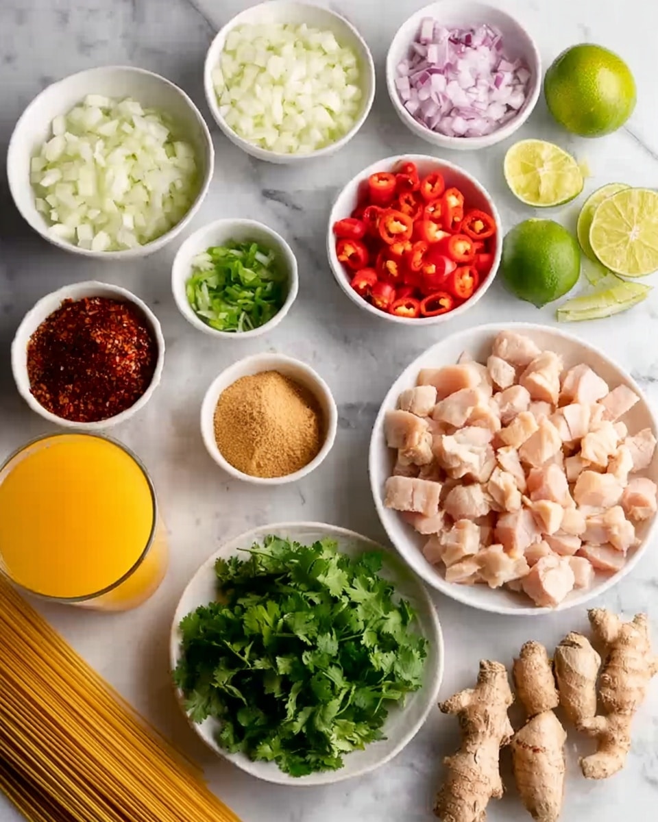 The image shows small white bowls of chopped onions, brown sugar, red paste, chopped green onions, fresh ginger slices, chopped red peppers, sliced lime halves, fresh cilantro, and raw diced chicken placed on a white marbled surface. There is a tall glass filled with orange liquid, and some thin uncooked noodles in front of the bowls. Fresh turmeric roots also appear next to the ginger. Everything is laid out neatly for preparing a meal. Photo taken with an iphone --ar 4:5 --v 7