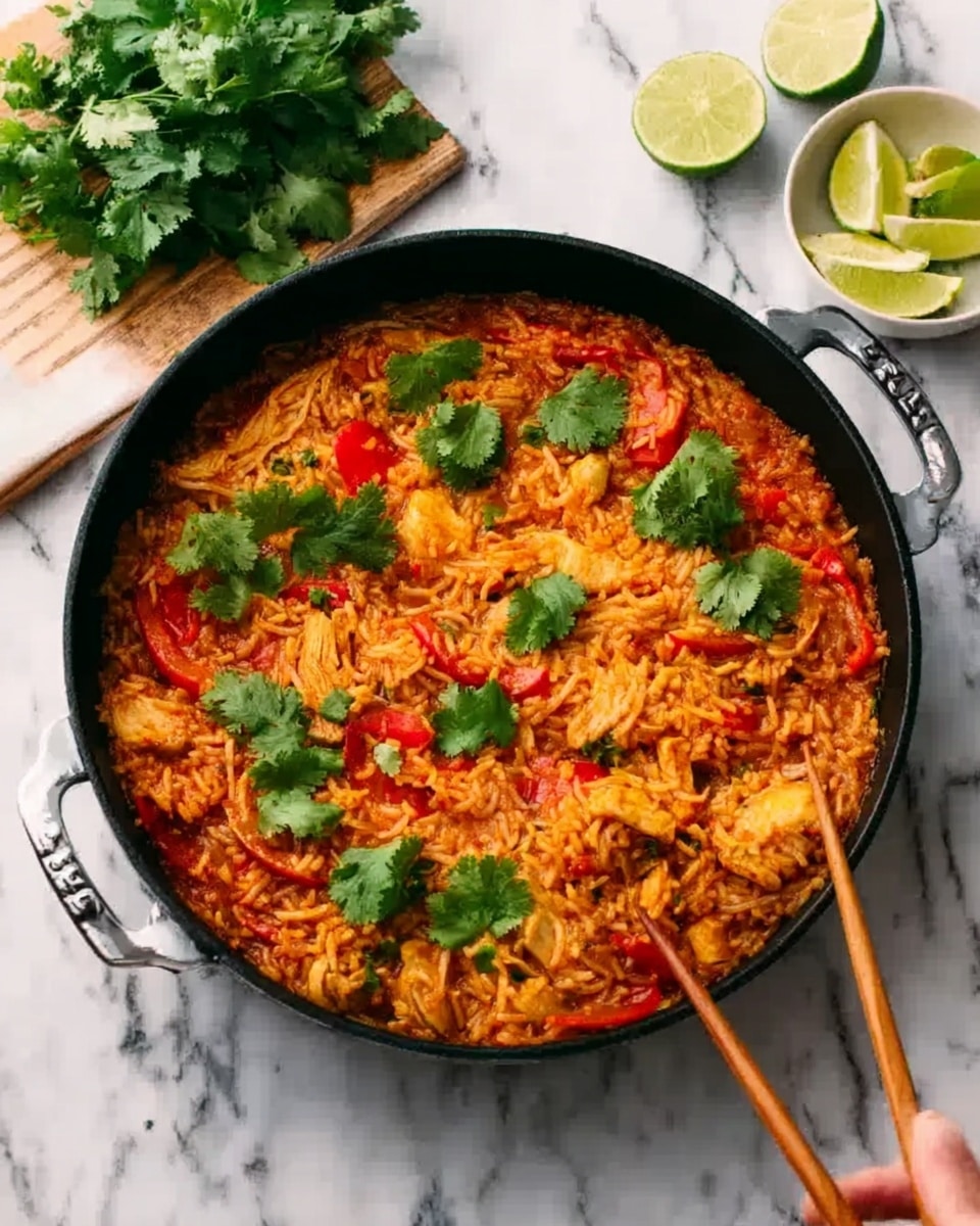 A round black pan filled with a colorful rice dish that has three main layers visible: the bottom layer is soft cooked rice in orange-red color mixed with pieces of yellow chicken and red bell peppers, the middle layer has a sauce that looks moist and slightly thick, and the top layer is sprinkled with fresh green cilantro leaves spread evenly. In the background, there are lime wedges and a bunch of cilantro on a white marbled surface. A woman's hand is holding chopsticks over a white bowl at the corner. Photo taken with an iphone --ar 4:5 --v 7