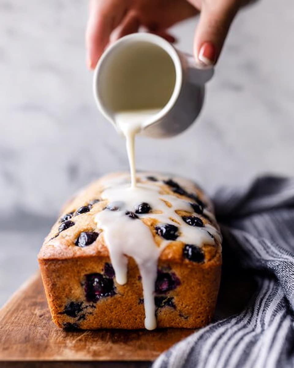 The image shows a loaf of blueberry bread with a golden-brown top and dark purple blueberries scattered on its surface. A woman's hand is pouring white icing from a white cup onto the top of the bread, the icing appearing smooth and slightly thick. The bread is placed on a wooden board, and on the right side, there is a gray and white striped cloth. The background is a white marbled texture. Photo taken with an iphone --ar 4:5 --v 7
