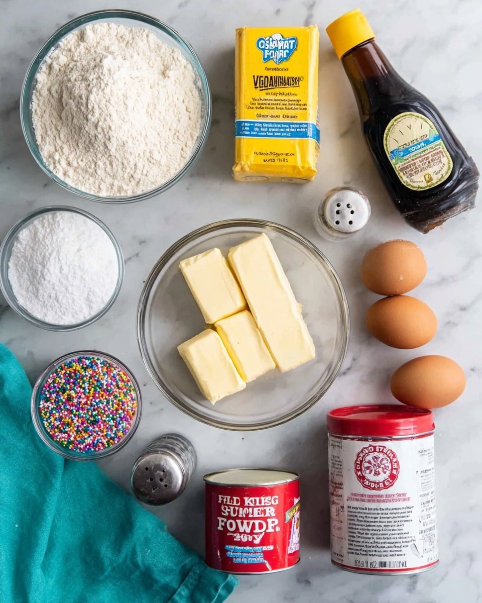 The image shows ingredients for baking arranged neatly on a white marbled surface. There are two glass bowls, one filled with white flour and the other with white sugar, both placed on the left side. Two sticks of unsalted butter lie next to each other in the center, beside two brown eggs on the right. Above the eggs, there is a yellow container of corn starch, and next to it, a dark bottle of vanilla extract. Below the butter and eggs, a yellow box of baking soda sits beside a red can of baking powder. There is a small clear bowl of colorful round sprinkles near the bottom left corner, along with a salt shaker. A teal cloth is slightly seen at the bottom edge of the image. Photo taken with an iphone --ar 4:5 --v 7