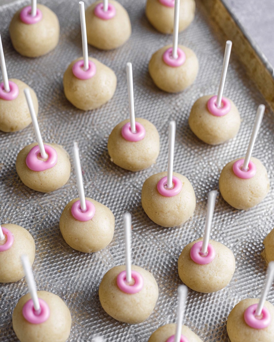 The image shows many light beige round dough balls placed on a textured silver baking tray. Each dough ball has a small circular ring of pink icing on top, where a white stick is inserted straight down the center, making them look like cake pops before baking or decorating. The dough balls have a slightly cracked surface and are arranged in loose rows across the tray. The overall scene is bright with soft natural lighting. photo taken with an iphone --ar 4:5 --v 7