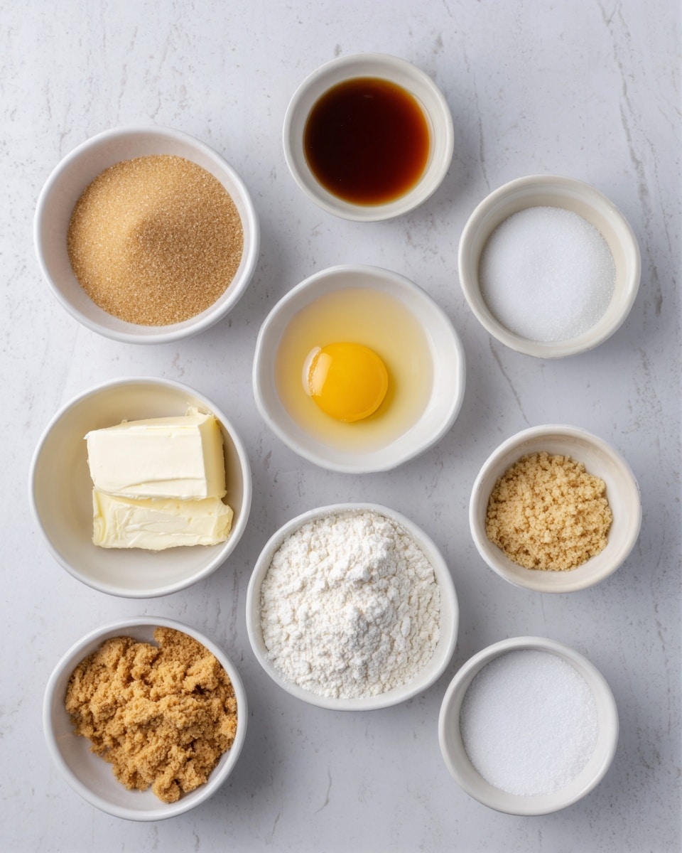 The image shows eight small white bowls arranged on a white marbled surface. Each bowl contains a different ingredient: one bowl holds light brown soft sugar with a grainy texture, another has smooth brown syrup, the third contains pale yellow soft butter, a bowl with an egg yolk surrounded by clear egg white, a bowl of white soft cream cheese, another bowl with fine white powdered sugar, a bowl filled with light tan crumbly graham cracker crumbs, and a bowl with white flour. The bowls are spaced evenly, showing clear separation between each ingredient. photo taken with an iphone --ar 4:5 --v 7