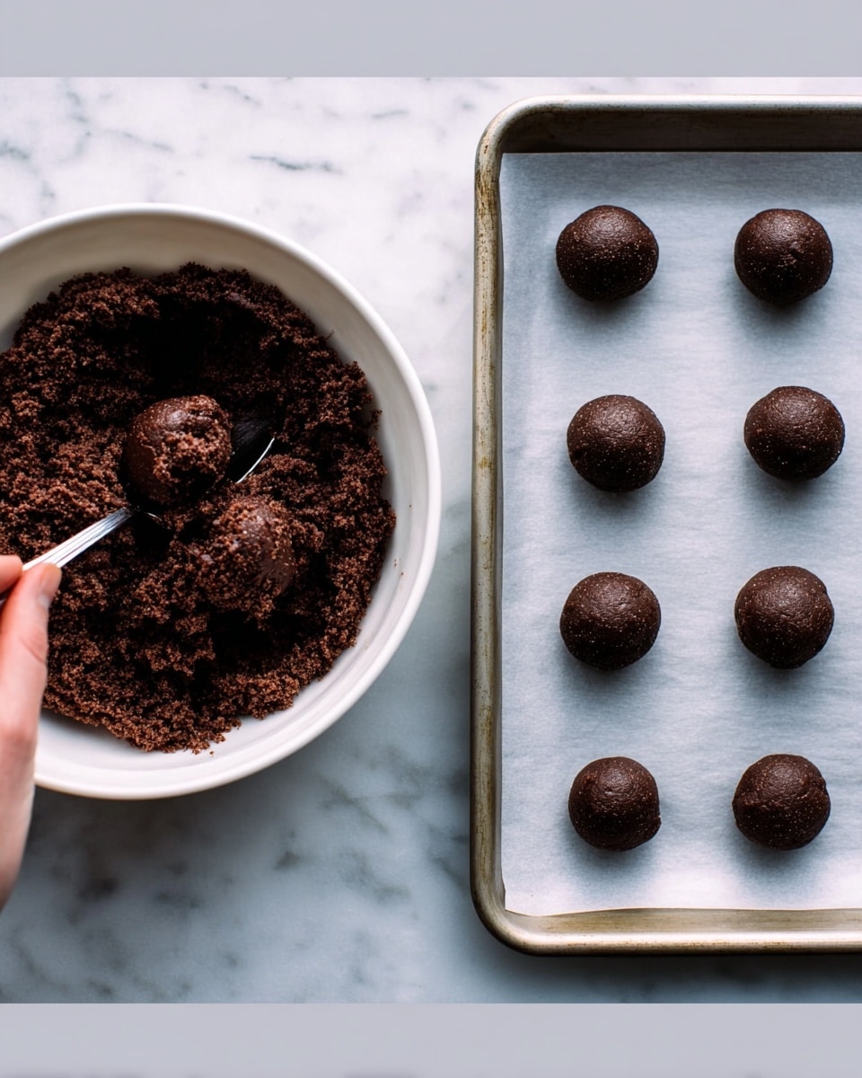 The first part of the image shows a white bowl filled with dark brown, crumbly chocolate dough; a woman's hand is holding a silver spoon scooping some dough from the bowl, showing the dense texture. The second part of the image features a baking tray lined with white parchment paper, on top of which there are evenly spaced, round, smooth, dark brown chocolate dough balls ready for baking. The scene is set on a white marbled texture surface. photo taken with an iphone --ar 4:5 --v 7