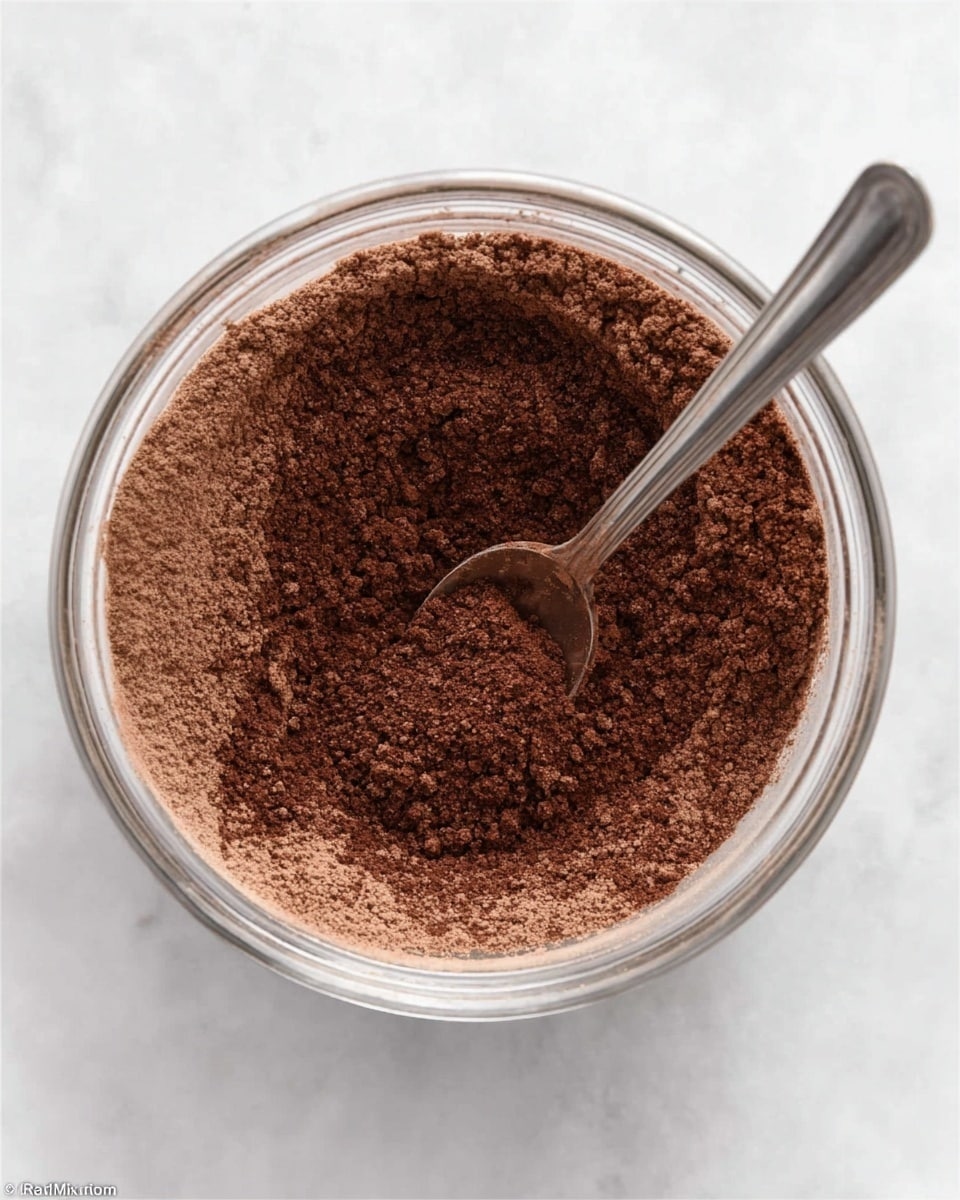 A clear glass bowl placed on a white marbled surface holds a dry mix of fine cocoa powder and flour, creating a smooth, rich brown layer with slightly uneven texture on top. A silver spoon rests inside the bowl, partially submerged in the powder mix, its reflective surface catching light. The scene shows just the bowl and its contents with no other objects around. photo taken with an iphone --ar 4:5 --v 7