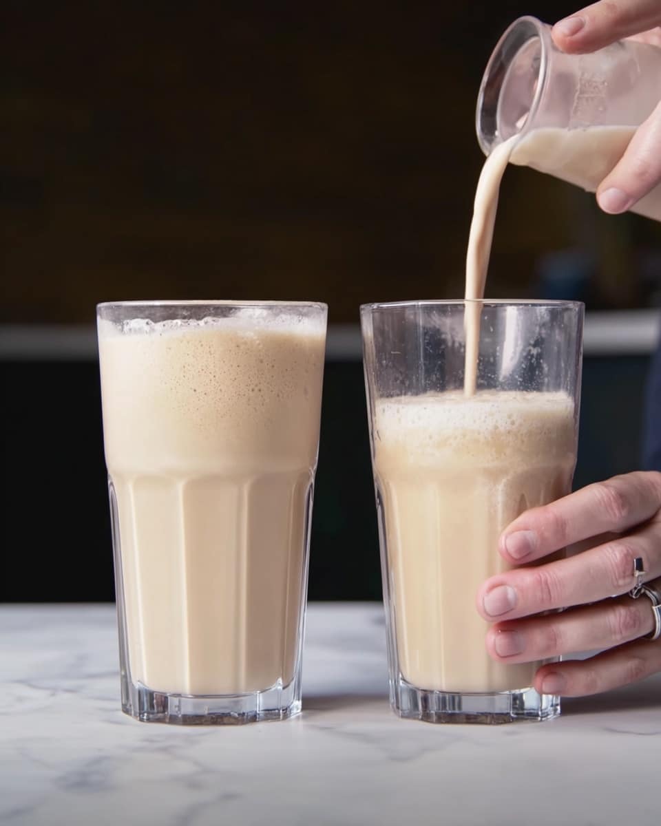 Two tall clear glasses are placed side by side on a white marbled surface. The glass on the left is fully filled with a creamy light beige drink that has a smooth texture and a slightly foamy top layer. The glass on the right is being filled with the same creamy light beige drink, which is pouring down from above into the glass, held steady by a woman's hand wearing a silver ring. The background is blurred and dark, making the glasses and drink the focus of the image. Photo taken with an iphone --ar 4:5 --v 7