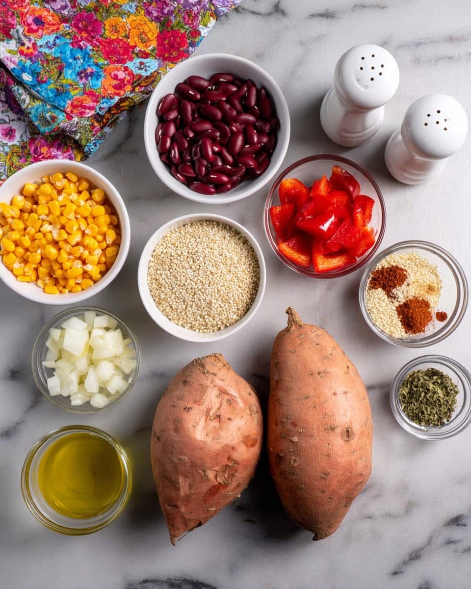 The image shows two raw sweet potatoes placed on a white marbled surface in the center. Around them, there are eight small bowls and containers arranged neatly: a white bowl with yellow corn kernels, a white bowl with reddish kidney beans, a white bowl with light beige quinoa, a glass bowl with chopped red bell peppers, a glass bowl with a brownish spice, a clear container with chopped white onions, a small white bowl with yellow olive oil, and a small bowl with green herbs. A white pepper shaker and a salt shaker are also visible on the right side. A colorful cloth with a floral pattern is partly visible on the left side. photo taken with an iphone --ar 4:5 --v 7