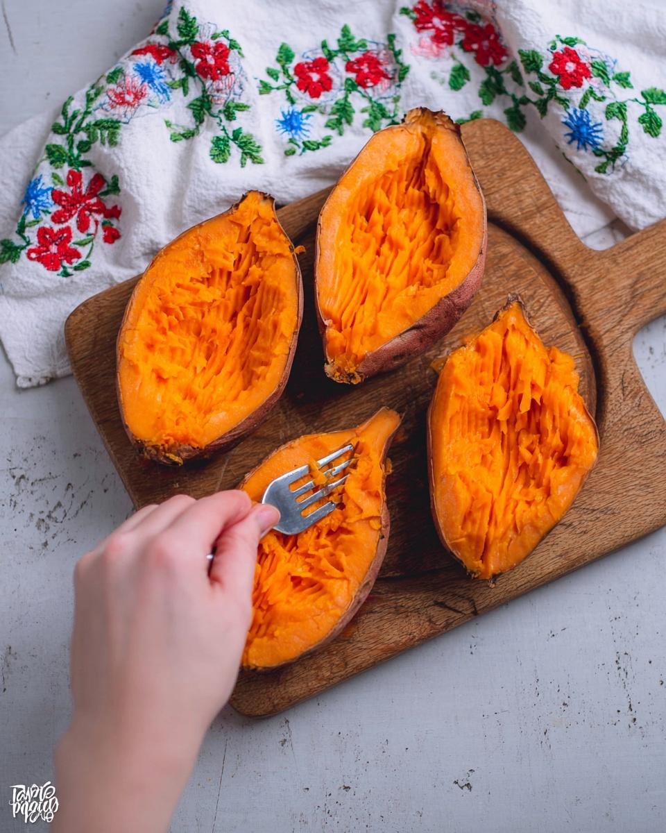 A white marbled surface holds a small wooden cutting board with four halves of bright orange cooked sweet potatoes, each showing a soft, textured, and slightly fibrous inside. A woman's hand is using a fork to mash one of the sweet potato halves, showing the rich orange flesh clearly. A white cloth with green, red, and blue floral embroidery rests beside the cutting board. The scene has a natural and simple feel, focused on the vibrant color and soft texture of the sweet potatoes photo taken with an iphone --ar 4:5 --v 7
