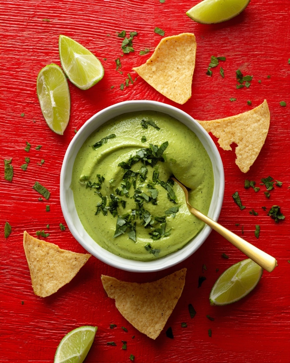 A small white bowl filled with smooth, thick green sauce, garnished with chopped fresh herbs on top and around the edges. A golden spoon is partially dipped into the sauce, resting inside the bowl. Around the bowl, there are several light tan tortilla chips, some whole and some broken, scattered on a bright red wooden textured surface. Several lime wedges are placed around the bowl, with tiny green herb pieces sprinkled nearby. The whole scene is vibrant with strong contrast between the green sauce, tan chips, and red background. Photo taken with an iphone --ar 4:5 --v 7