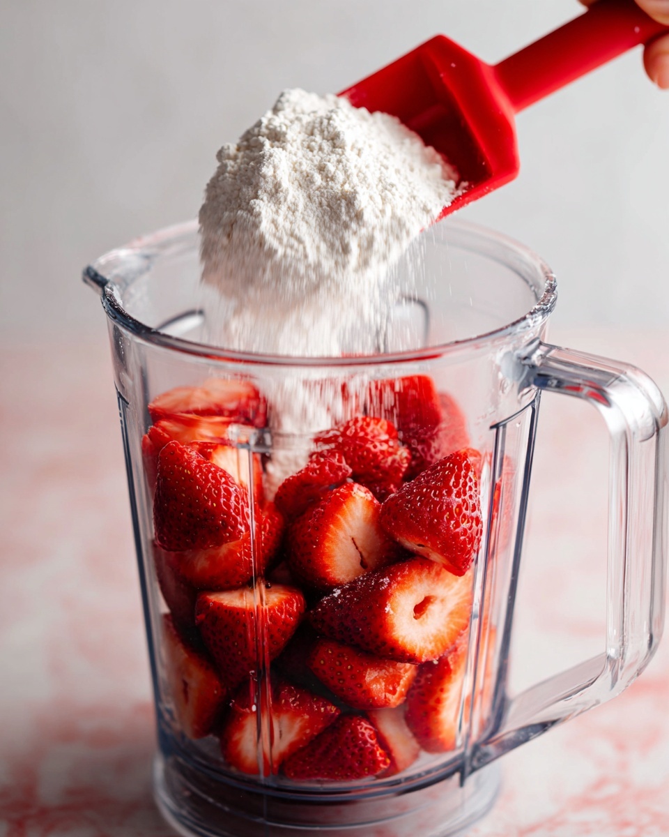 A clear blender container filled at the bottom with whole and sliced bright red strawberries with visible seeds and a shiny texture. Above the strawberries, white powdery flour is falling from a red spatula held by a woman's hand, creating a soft contrast against the red fruit. The background and surface are white with a marbled texture, and the image is close-up, showing fine details of the ingredients. Photo taken with an iphone --ar 4:5 --v 7