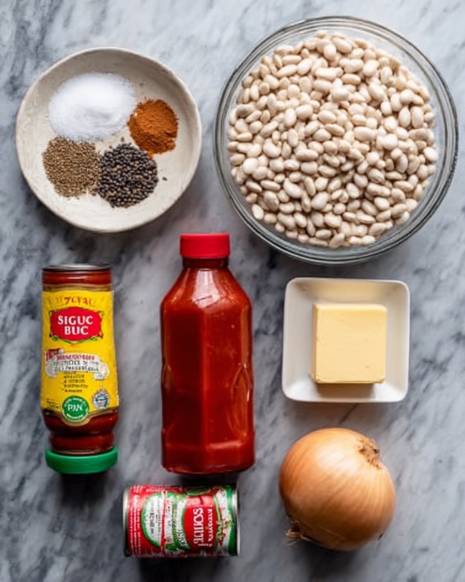 The image shows a collection of cooking ingredients arranged neatly on a white marbled surface. Starting from the top left, there is a small white bowl with five sections of spices: white salt, dark brown seeds, light brown powder, medium brown powder, and a reddish spice. To the right is a large transparent glass bowl filled with white dried beans. Below the spices, there is a bottle with a yellow cap labeled seasoning with a red label. Next to it stands a tall red bottle of tomato puree. Below the seasoning bottle is a can of tomato paste with a green label. To the right of the can, near the center bottom, is a small white dish holding a square piece of light yellow butter. Finally, on the bottom right corner, there is a whole light brown onion. The photo is taken with an iphone --ar 4:5 --v 7