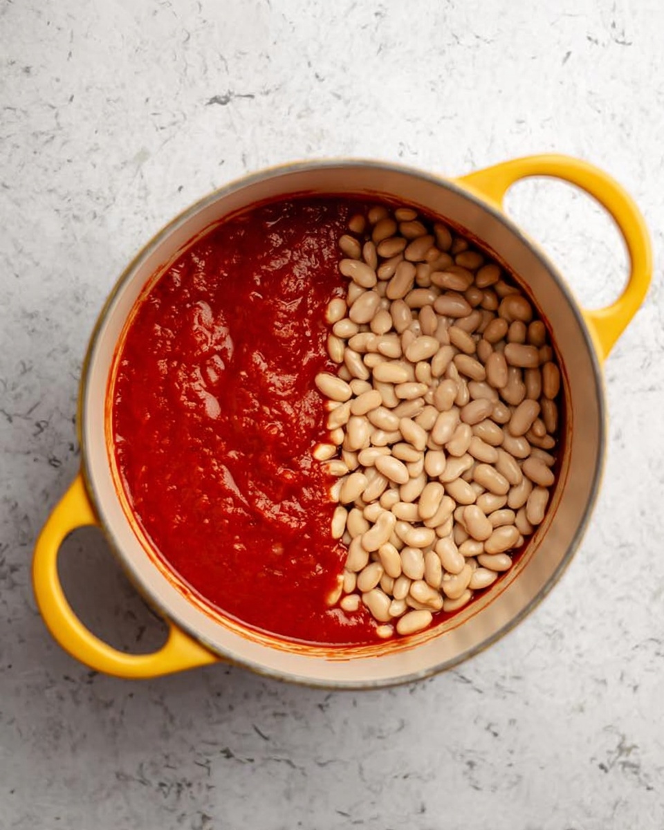 A white pot with yellow handles is shown from above, inside it there are two clear layers: the left half is filled with a thick red sauce with a smooth texture, while the right half is covered with small, light beige beans piled on top of the sauce but not mixed yet. The pot is placed on a white marbled surface. photo taken with an iphone --ar 4:5 --v 7