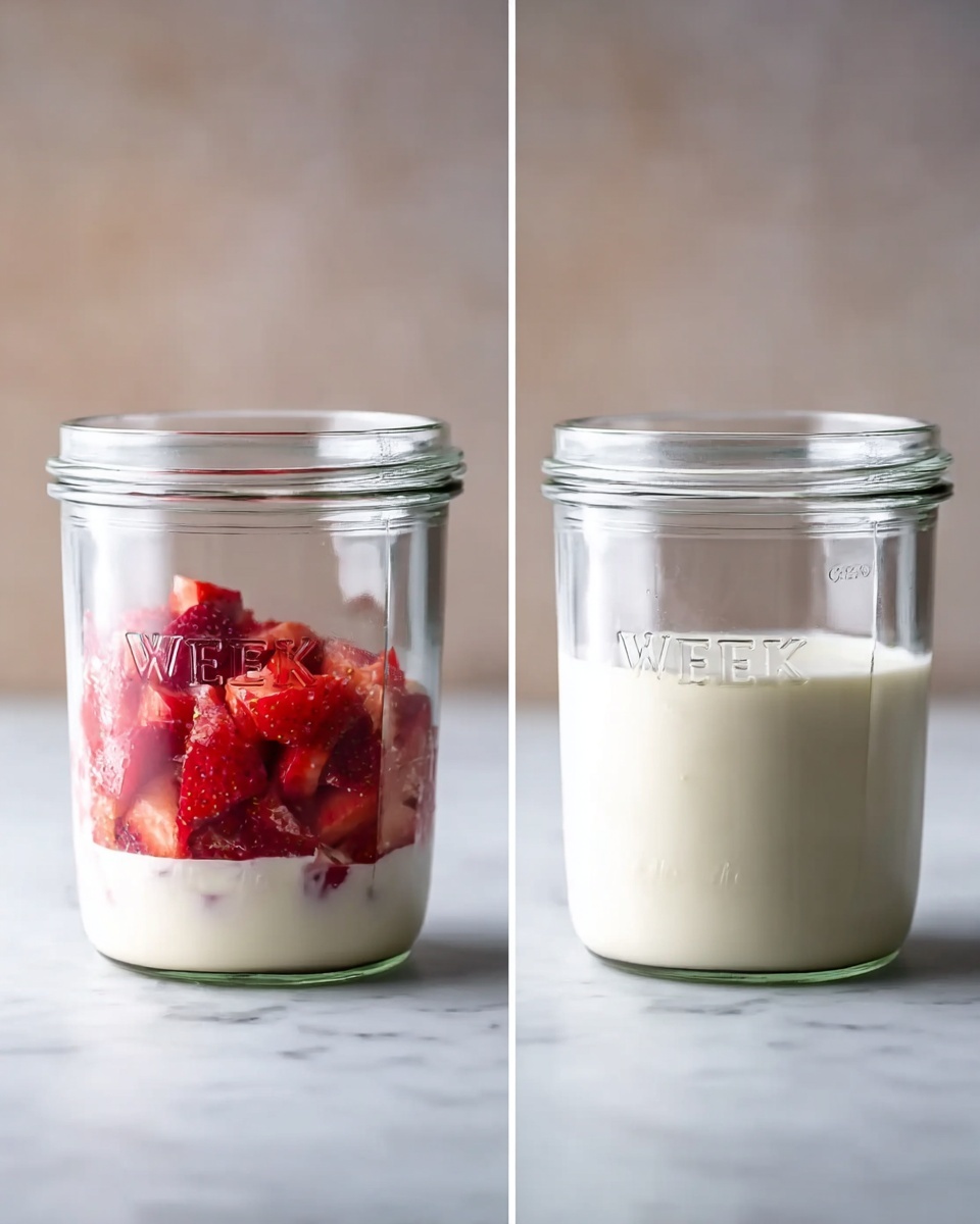 A clear glass jar sits on a white marbled surface, showing two steps of a recipe. In the first image, the jar contains a layer of chopped red strawberries at the bottom, filling about one-quarter of the jar height. The second image adds a thick layer of creamy white milk or yogurt that covers the strawberries, filling just over half the jar. The jar has the word