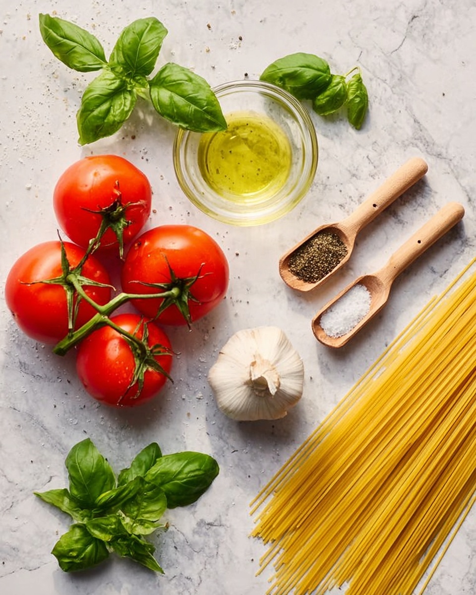 The image shows fresh cooking ingredients arranged on a white marbled surface. In the bottom left, there are four bright red tomatoes still attached to a green vine. Above them, several fresh green basil leaves are scattered around. Near the center top, a clear glass bowl holds a light yellow liquid, likely olive oil. To the right of the bowl are two wooden measuring spoons, one filled with white salt and the other with ground black pepper. Below the spoons is a whole bulb of garlic with its outer skin intact. To the right side of the image, a bundle of uncooked yellow spaghetti lies diagonally. The scene is well lit, natural, and clean. Photo taken with an iphone --ar 4:5 --v 7