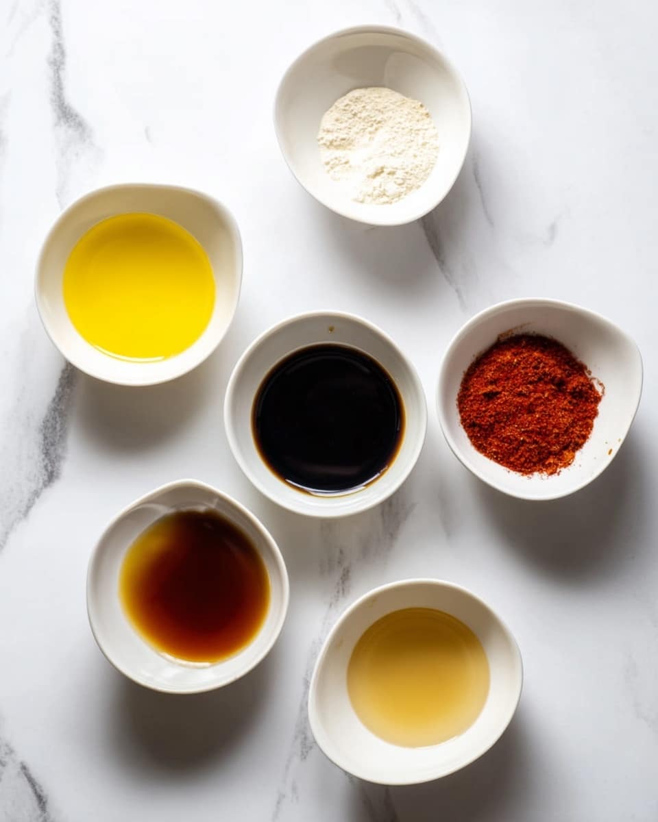 The image shows six small white bowls arranged on a white marbled surface. Each bowl has a different ingredient: the top left bowl holds a bright yellow liquid, the top right bowl contains a white powder, the middle left bowl contains a red powder, the center bowl has a dark brown liquid, the bottom left bowl holds a thick amber liquid, and the bottom right bowl contains a pale yellow liquid. The bowls are spaced neatly and the lighting highlights the different textures and colors of the ingredients. Photo taken with an iphone --ar 4:5 --v 7