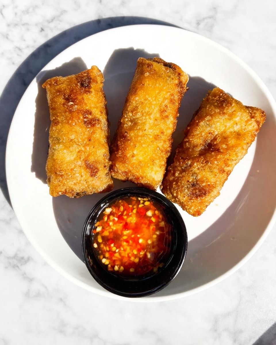 Three golden brown fried rectangular pieces with a crispy texture are arranged side by side on a white plate. Below them, near the bottom left corner of the plate, is a small black bowl filled with orange chili sauce containing visible chili flakes and seeds. The plate sits on a white marbled surface with soft natural light casting shadows around the food. Photo taken with an iphone --ar 4:5 --v 7