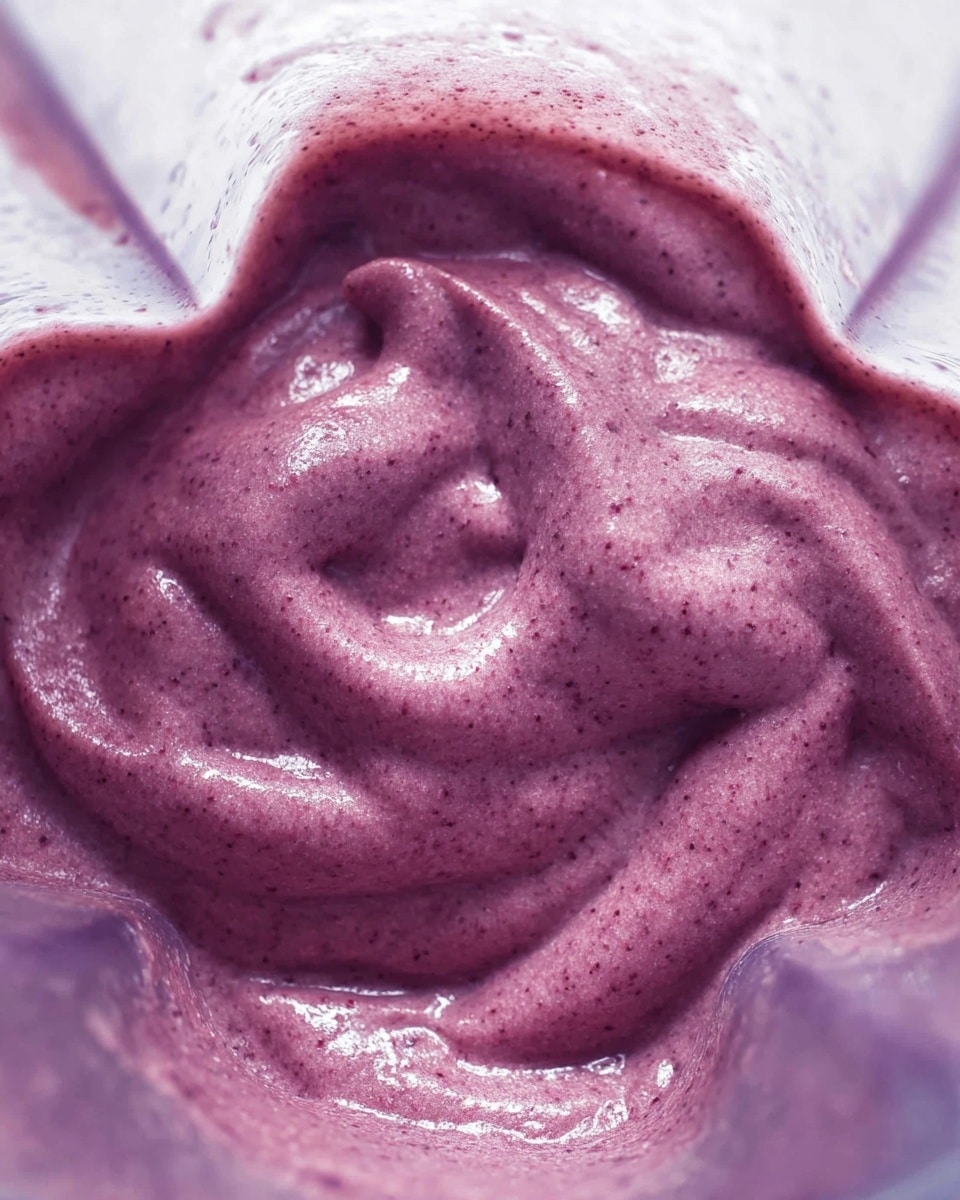 A close-up image showing a thick, smooth purple smoothie inside a clear blender container. The smoothie fills the container unevenly with visible texture and tiny darker specks throughout. The thick mixture has a creamy, slightly shiny surface and soft folds and curves. The scene includes a white marbled background. photo taken with an iphone --ar 4:5 --v 7