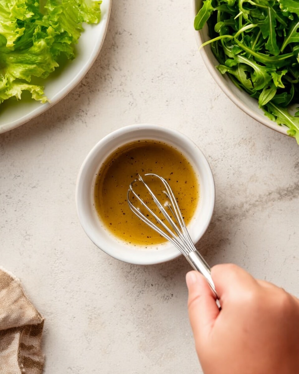 A woman's hand holding a small whisk stirring a smooth, golden-brown liquid dressing inside a small white bowl placed on a white marbled surface. To the top left, there is a white plate with fresh green lettuce leaves, and to the top right, a white bowl filled with fresh arugula leaves. The dressing shows a slightly oily texture with small black pepper specks floating in it. The overall lighting is soft and natural, highlighting the fresh and vibrant colors of the ingredients. Photo taken with an iphone --ar 4:5 --v 7