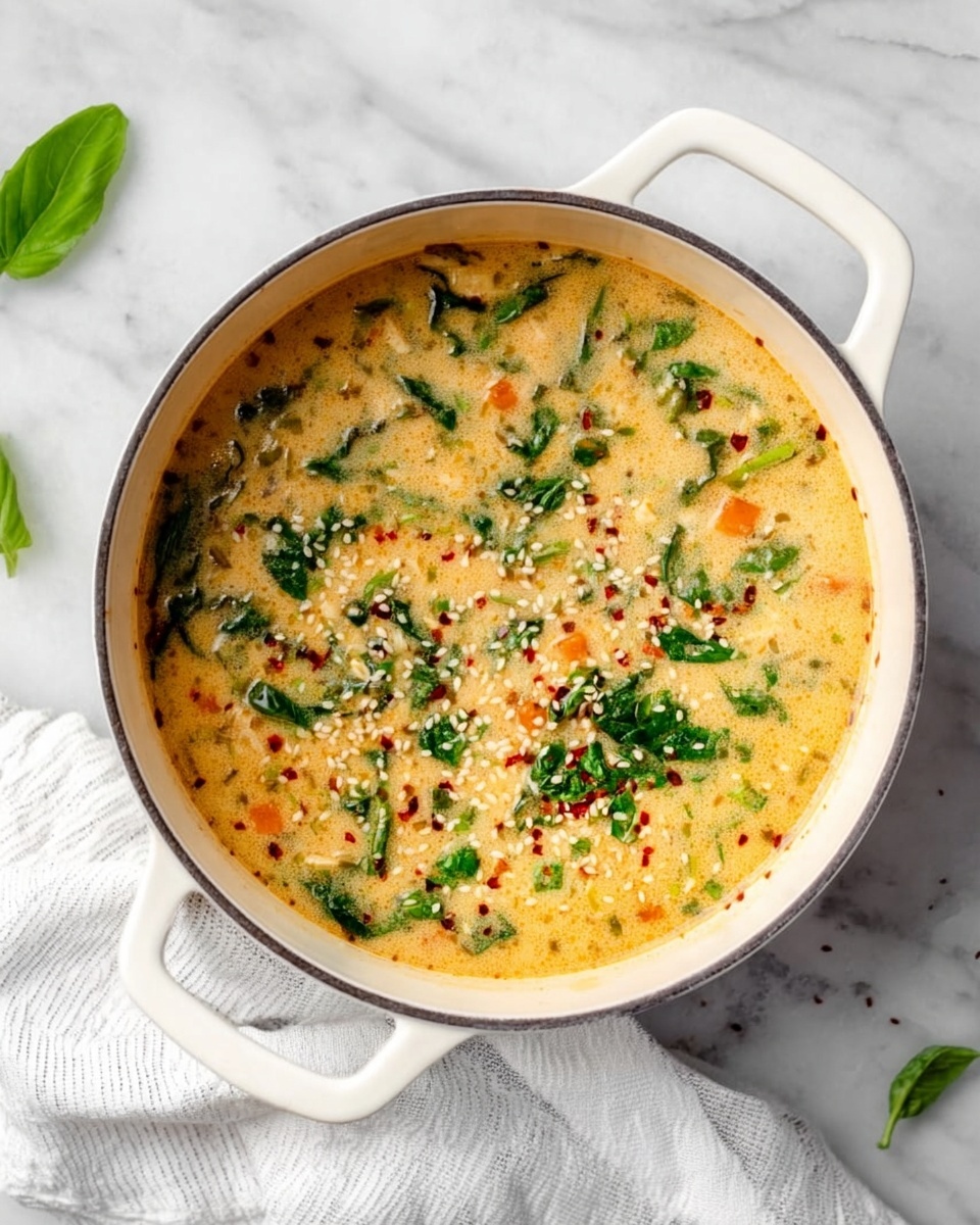 A white pot filled with a thick soup showing multiple layers of colors and textures. The base layer is creamy with a light yellowish color mixed with small chunks of light orange and white, likely vegetables. On top of this, bright green leafy bits are scattered evenly, adding freshness. There are small red flakes spread all over the surface, giving a spicy touch, and a few sesame seeds to add texture. The pot rests on a white marbled surface with a folded white and gray striped cloth next to the right handle. A couple of green leaves are scattered on the surface near the pot. Photo taken with an iphone --ar 4:5 --v 7