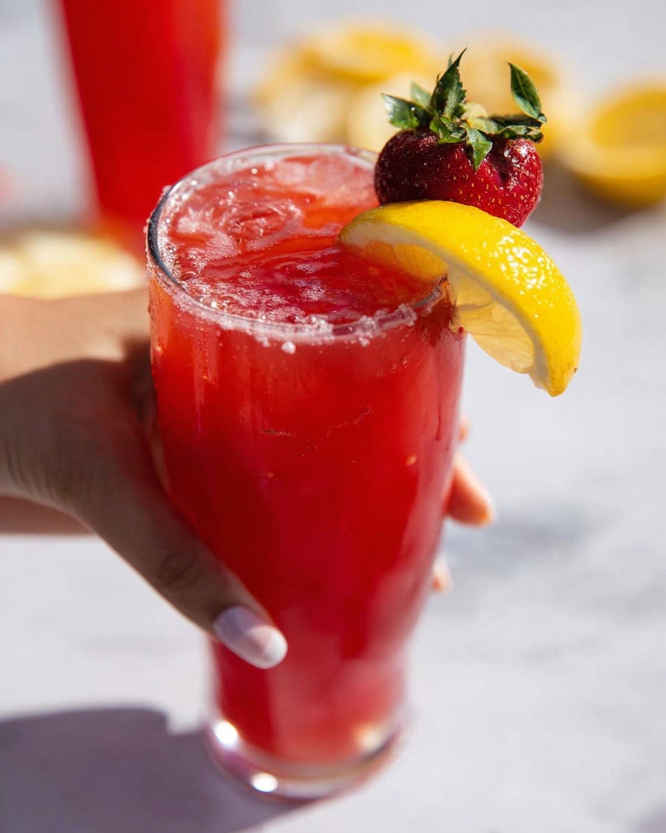 A tall clear glass filled with a bright red drink and visible small ice cubes. The top edge of the glass is decorated with a fresh red strawberry with green leaves and a bright yellow lemon wedge placed next to it. The glass surface has small water droplets. A woman's hand is holding the glass from the side, with a soft shadow underneath. The background is a white marbled surface with blurry lemon wedges and another similar glass filled with red liquid. Photo taken with an iphone --ar 4:5 --v 7