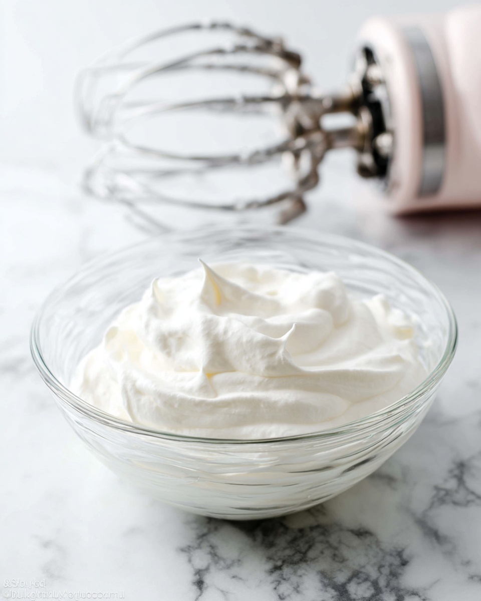 A clear glass bowl filled with fluffy, white whipped cream that has soft peaks and smooth texture, sitting on a white marbled surface. Above the bowl, an electric mixer with silver beaters is slightly blurred, showing the tool used to whip the cream. The scene is bright and clean with a soft light highlighting the whipped cream's airy texture. Photo taken with an iphone --ar 4:5 --v 7