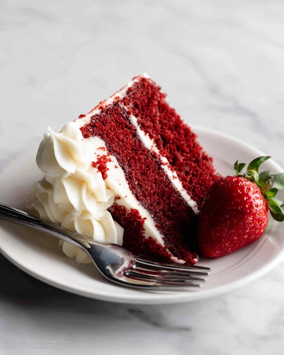 A slice of red velvet cake with two thick red layers separated by a thick white cream layer, topped with more white cream on the side in swirled shapes, sits on a white plate. Next to the cake slice, there is a bright red strawberry with green leaves. A silver fork is placed partially on the cake and plate. The whole scene is set on a white marbled surface. photo taken with an iphone --ar 4:5 --v 7