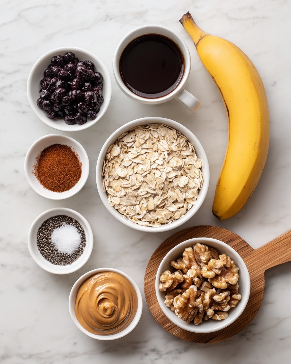 The image shows seven small containers arranged on a white marbled surface, each with a different ingredient. At the center is a white bowl filled with light beige rolled oats. To the lower right, a white bowl contains small rough light brown walnut pieces. Above this is a wooden board holding a peeled yellow banana and a small white cup filled with dark brown coffee or liquid. Above the oats to the left is a white bowl with dark purple or black dried blueberries. Below that is a white bowl with small black and white chia seeds. To the left bottom corner, a white bowl holds both white salt and reddish brown cinnamon powder in two half circles. To the top left, a small white bowl contains smooth light brown almond or peanut butter. The mix of colors and textures makes the ingredients stand out clearly. Photo taken with an iphone --ar 4:5 --v 7