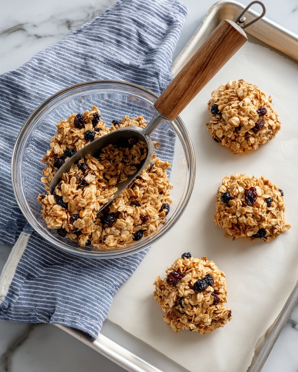 A clear glass bowl holds a chunky mix of light brown oats and scattered small dark blue berries, with a rustic metal scoop that has a wooden handle resting inside, the mix partially scooped out. To the right, on a white baking tray, there are three uneven clusters of the same oat and berry mixture, showing a rough texture and a mix of golden oats and dark blue berries. The baking tray sits on a white marbled surface with a blue and white striped cloth partially visible under the bowl. Photo taken with an iphone --ar 4:5 --v 7