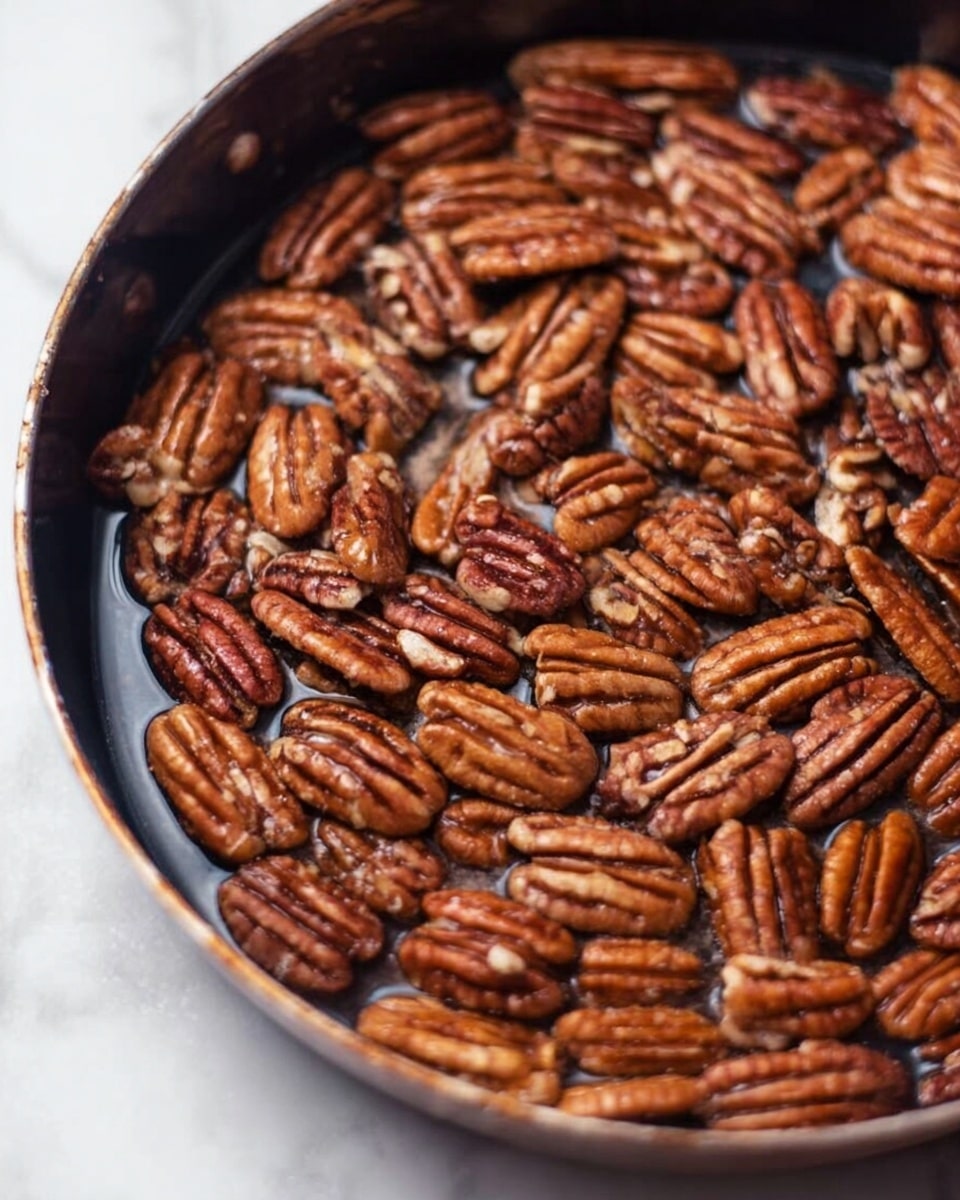 A close-up view of many brown pecan halves spread evenly in a dark, round pan with some shiny oil visible between them, making the nuts look glossy and roasted. The pan is placed on a white marbled surface, adding a soft contrast to the warm tones of the pecans. photo taken with an iphone --ar 4:5 --v 7
