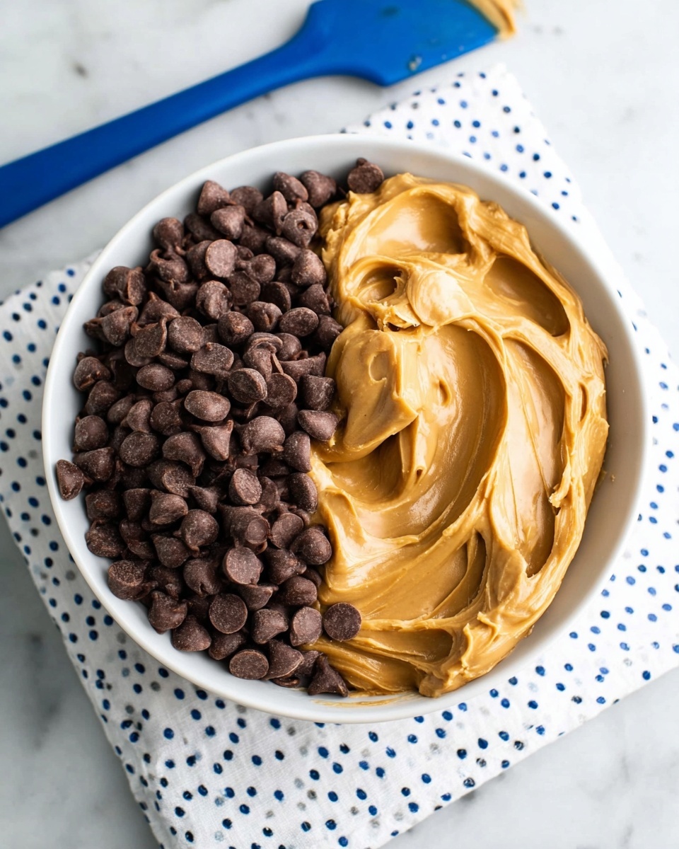 A white bowl filled with two main layers side by side: the left half is full of small, smooth, dark brown chocolate chips, and the right half is a thick, creamy, light brown peanut butter with swirled texture and peaks. The bowl sits on a white cloth with small navy-blue dots. In the background, there is a blue spatula resting on a white marbled surface. photo taken with an iphone --ar 4:5 --v 7