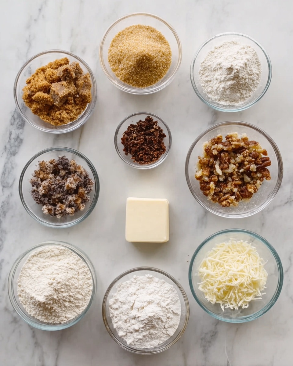 The image shows multiple small clear glass bowls arranged on a white marbled surface, each containing different dry ingredients. There are light brown crumbly pieces in two bowls, dark brown finely chopped bits in one bowl, and shredded cream-colored flakes in another. One larger bowl holds white flour, another holds a white powder, and a small square of cream-colored solid is placed near the center. The bowls are neatly spaced in a grid pattern, highlighting various textures from fine powders to chunky bits. Photo taken with an iphone --ar 4:5 --v 7