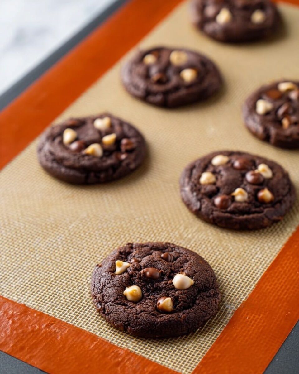 The image shows five small round chocolate cookies placed on an orange-edged baking mat with a beige surface. Each cookie has a dark, rich chocolate color with a slightly bumpy texture and is topped with small pale and dark chocolate chips scattered unevenly over the surface. The cookies are spaced evenly, and the background is a white marbled texture. photo taken with an iphone --ar 4:5 --v 7