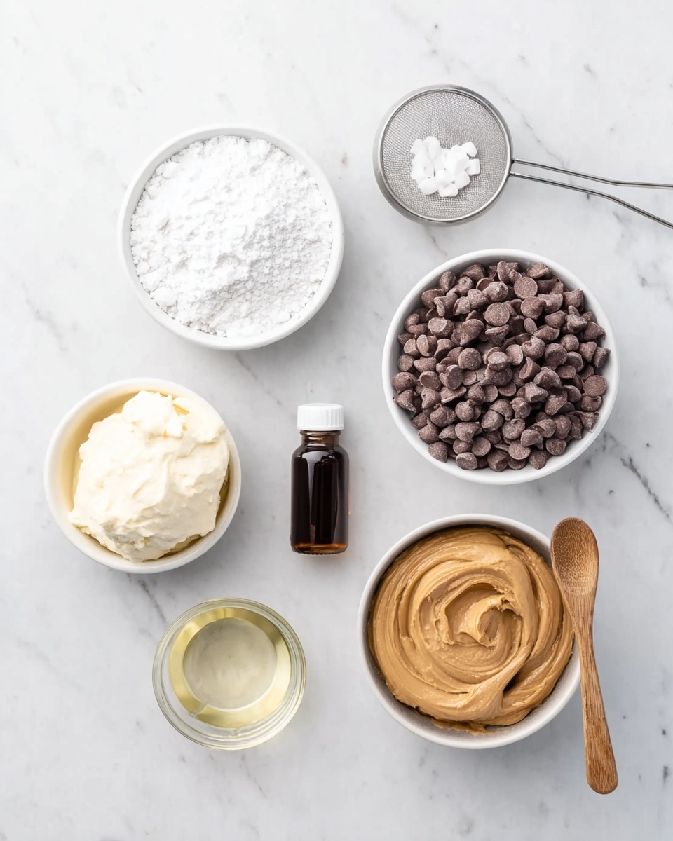 The image shows six small white bowls placed on a white marbled surface, arranged in a loose circle. At the top right is a bowl filled with small brown chocolate chips. To the top left is a bowl of white powdered sugar with a fine mesh sifter resting inside it. Below the chocolate chips and sugar bowls, there is a small bowl of clear oil on the right side. At the center of the arrangement is a tiny bottle of dark brown vanilla extract with a white cap. Towards the bottom left, a bowl holds smooth, creamy white butter, and on the bottom right, a bowl contains creamy light brown peanut butter with a wooden spoon resting inside it. The image is bright and clean, showing all ingredients clearly. photo taken with an iphone --ar 4:5 --v 7