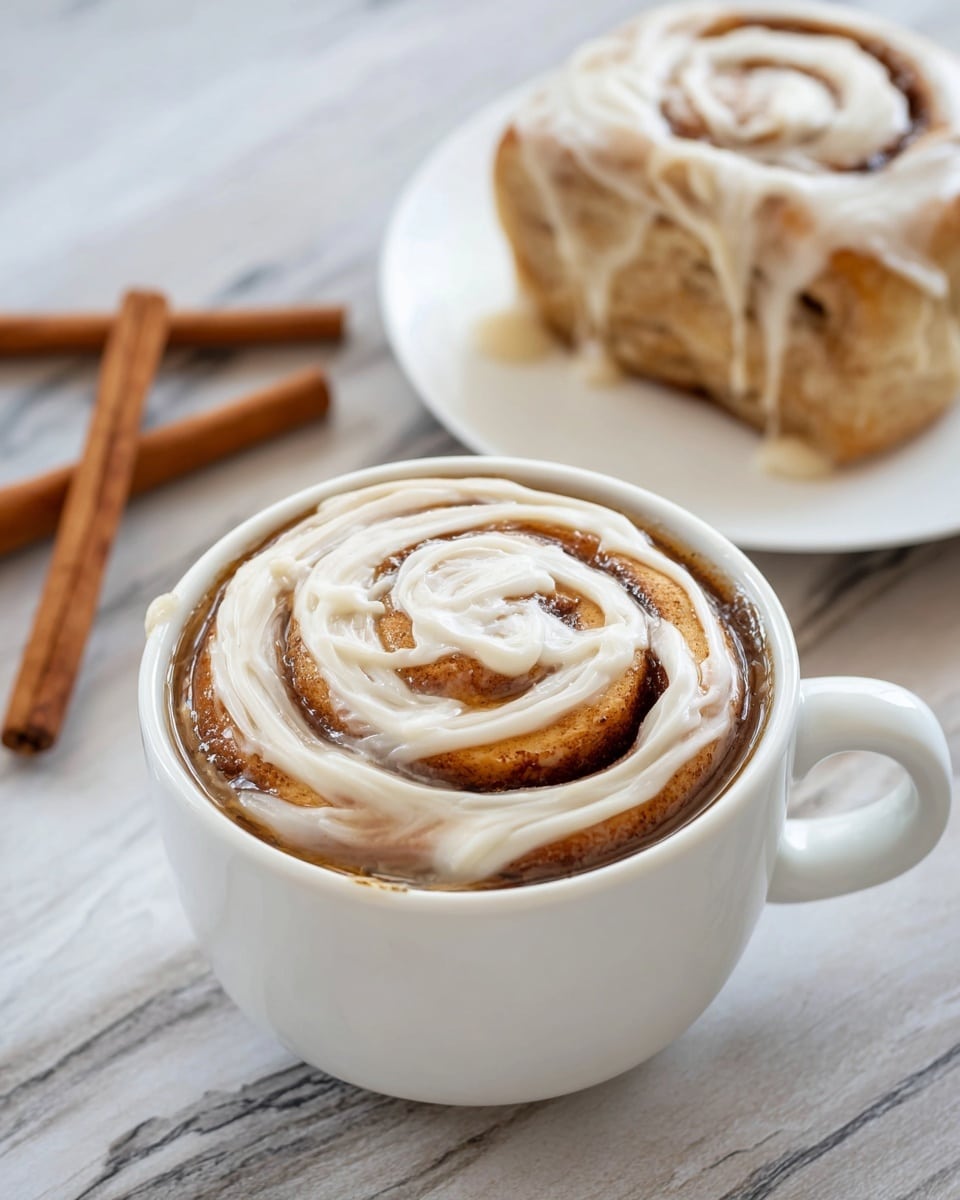A white cup filled with a cinnamon roll soaked in brown sauce, topped with a thick swirl of white icing that covers the top in a spiral pattern. Behind it, a white plate holds a sticky cinnamon roll with layers of light brown dough and white icing swirled from the middle outwards, slightly torn apart and placed on a white marbled surface, along with three cinnamon sticks nearby. photo taken with an iphone --ar 4:5 --v 7