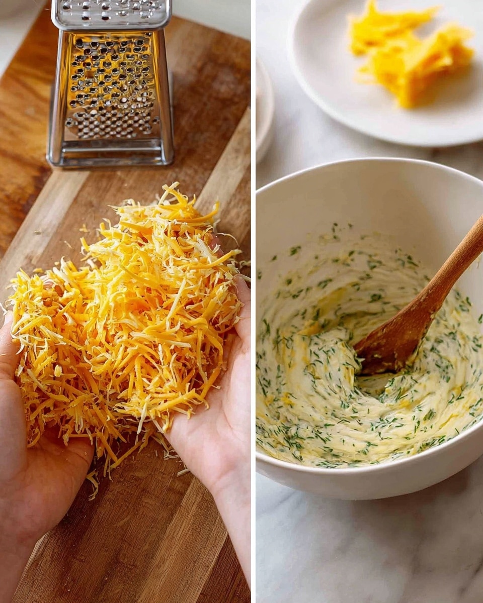 The image on the left shows a woman's hands holding a pile of shredded yellow and orange cheese over a wooden board, with a metal grater standing upright behind the cheese. The image on the right shows a thick creamy mixture with green herbs being stirred by a wooden spoon inside a white bowl, with some wooden surface visible around the bowl. The background includes a white plate with a yellow piece of food on it, all on a white marbled texture surface. photo taken with an iphone --ar 4:5 --v 7